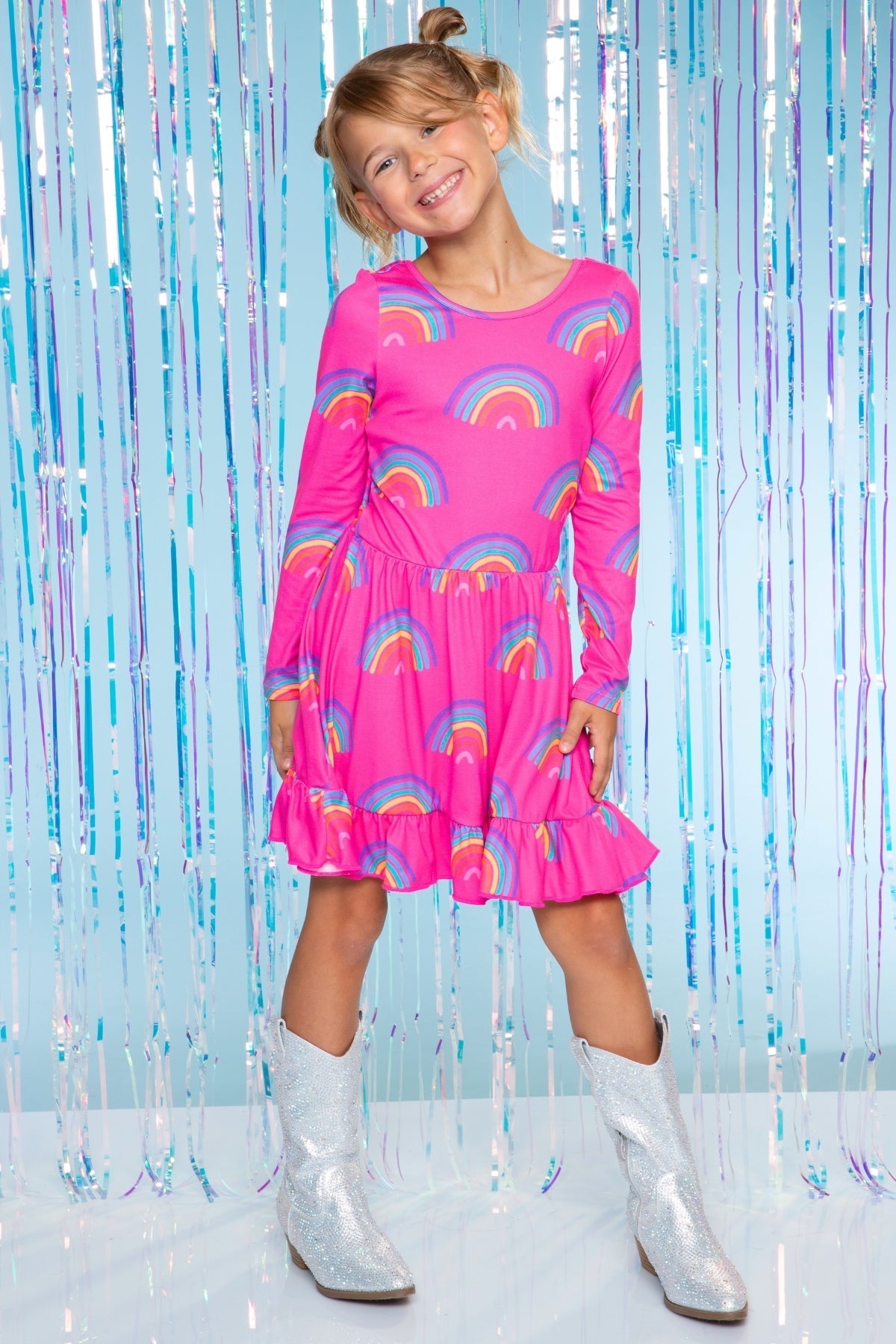 Simply Soft Long Sleeve Be Happy Flounce Dress - Hot Pink Rainbow