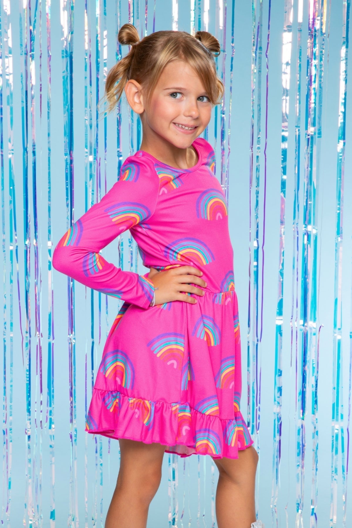 Simply Soft Long Sleeve Be Happy Flounce Dress - Hot Pink Rainbow