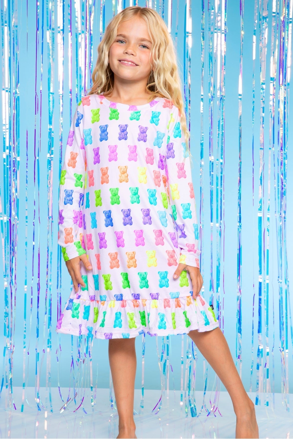 Simply Soft Long Sleeve Ruffle Lounge Dress - Lilac Rainbow Gummy Bear - NEW!
