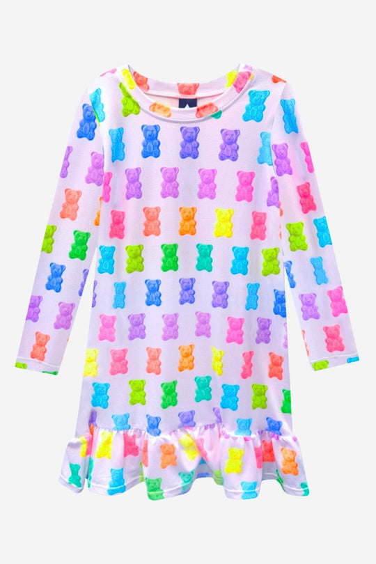 Simply Soft Long Sleeve Ruffle Lounge Dress in Lilac Rainbow Gummy Bear