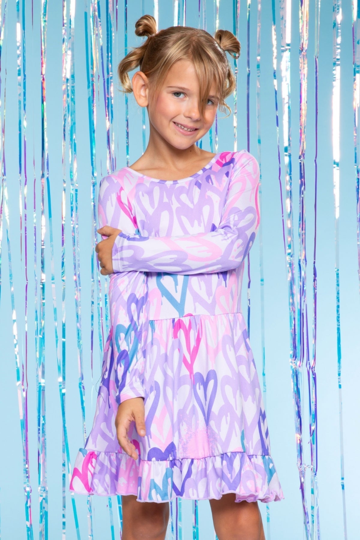 Simply Soft Long Sleeve Be Happy Flounce Dress - Hot Pink Rainbow