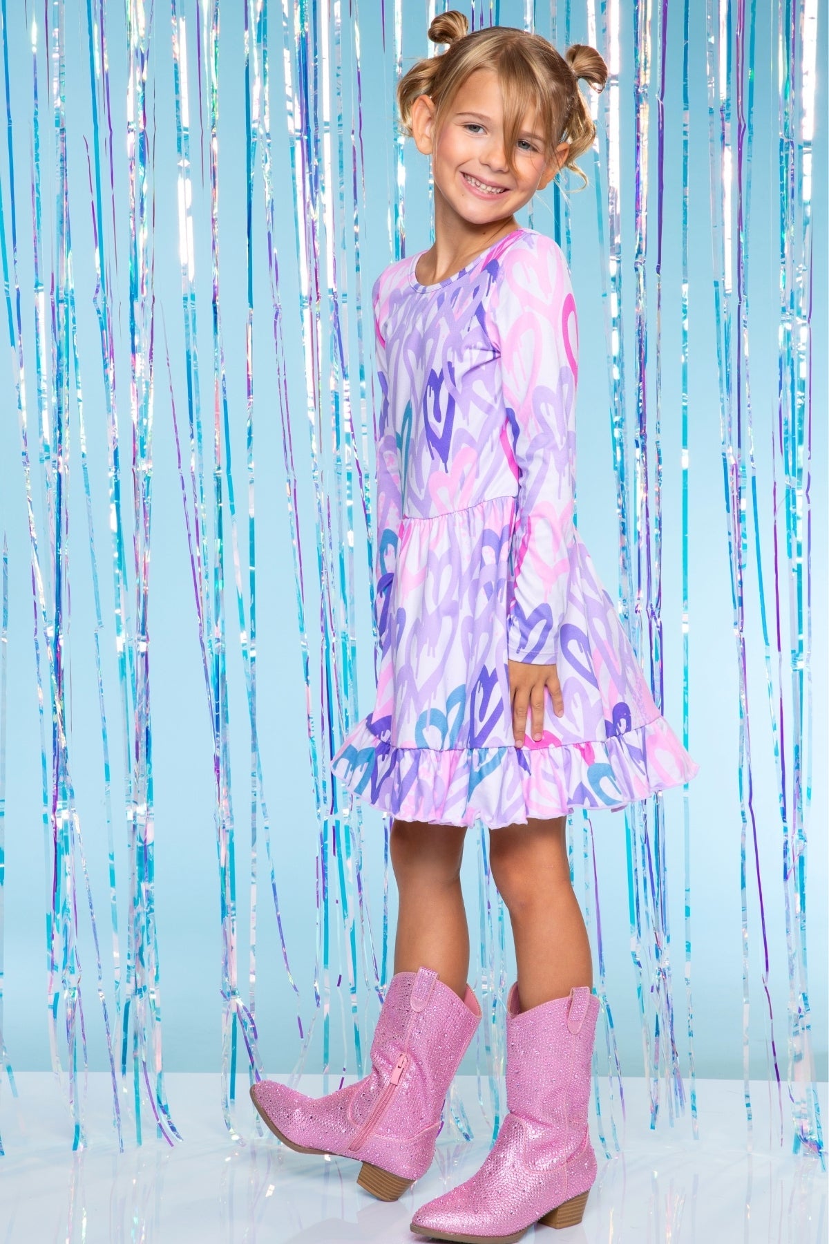Simply Soft Long Sleeve Be Happy Flounce Dress - Hot Pink Rainbow