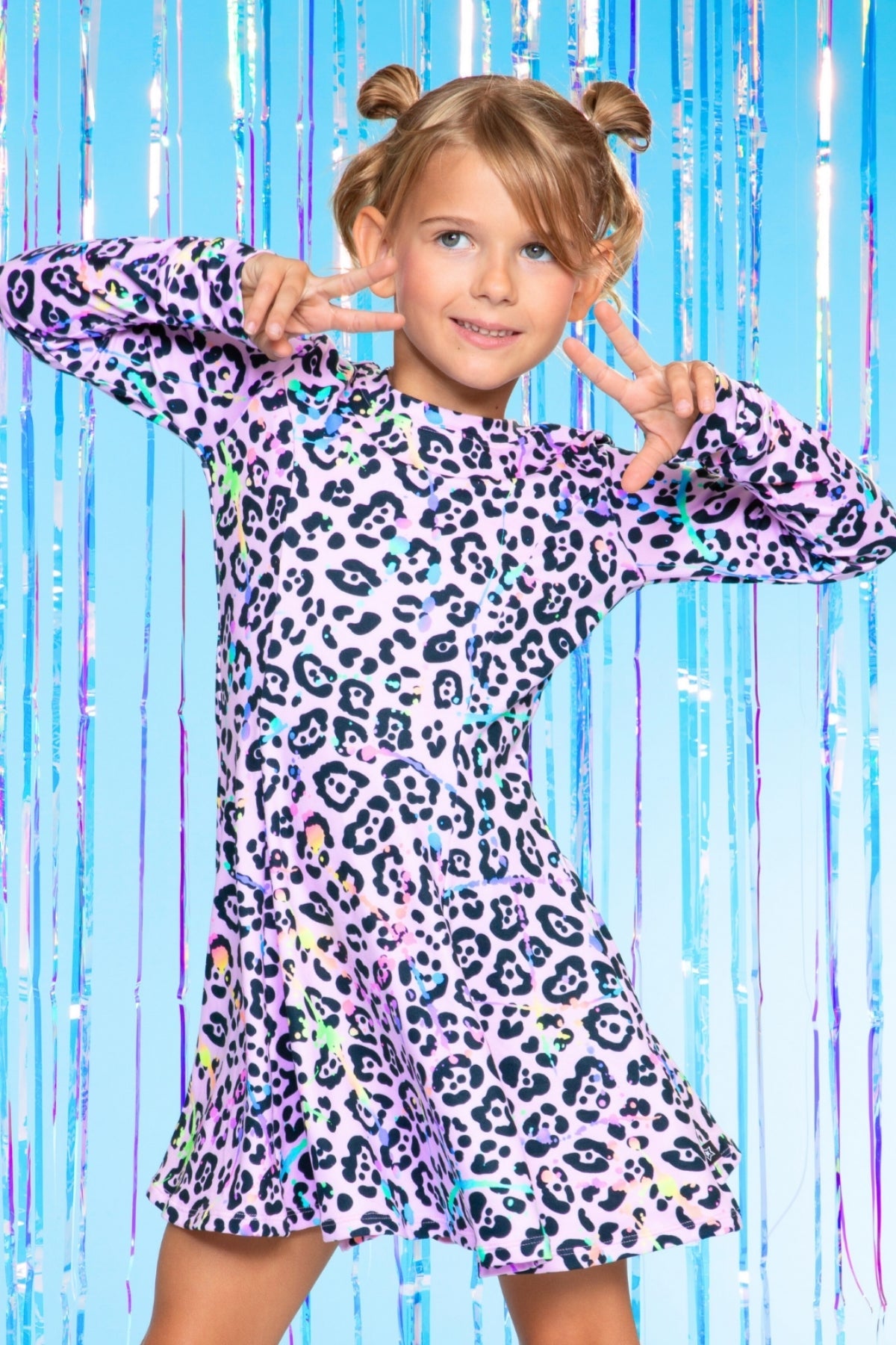 Simply Soft Long Sleeve Twirl Dress - Neon Lt Pink Leopard Splatter