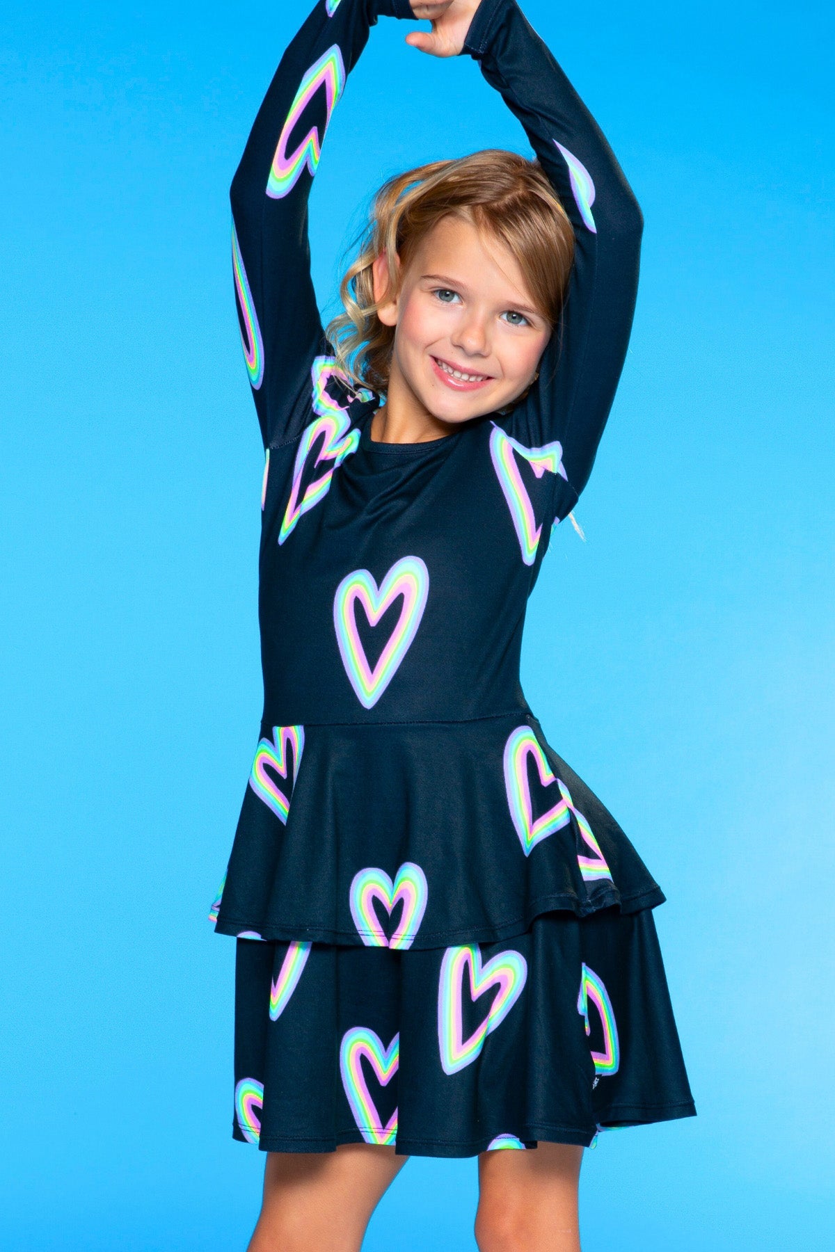 Simply Soft Long Sleeve Ruffle Skirt Dress - Black Rainbow Hearts