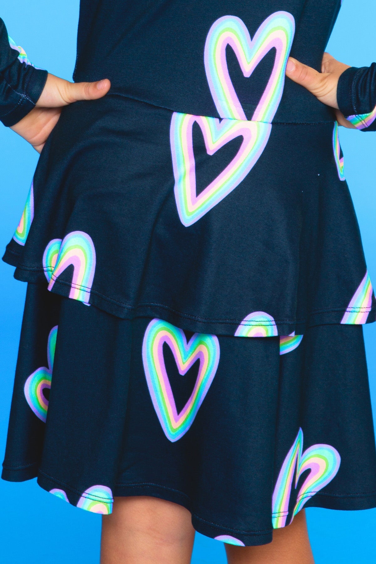 Simply Soft Long Sleeve Ruffle Skirt Dress - Black Rainbow Hearts