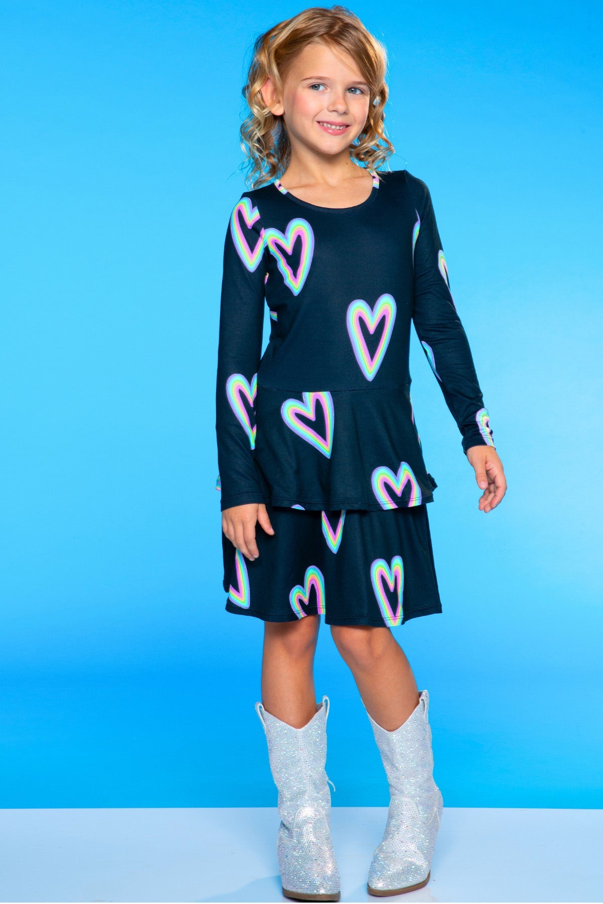 Simply Soft Long Sleeve Ruffle Skirt Dress - Black Rainbow Hearts