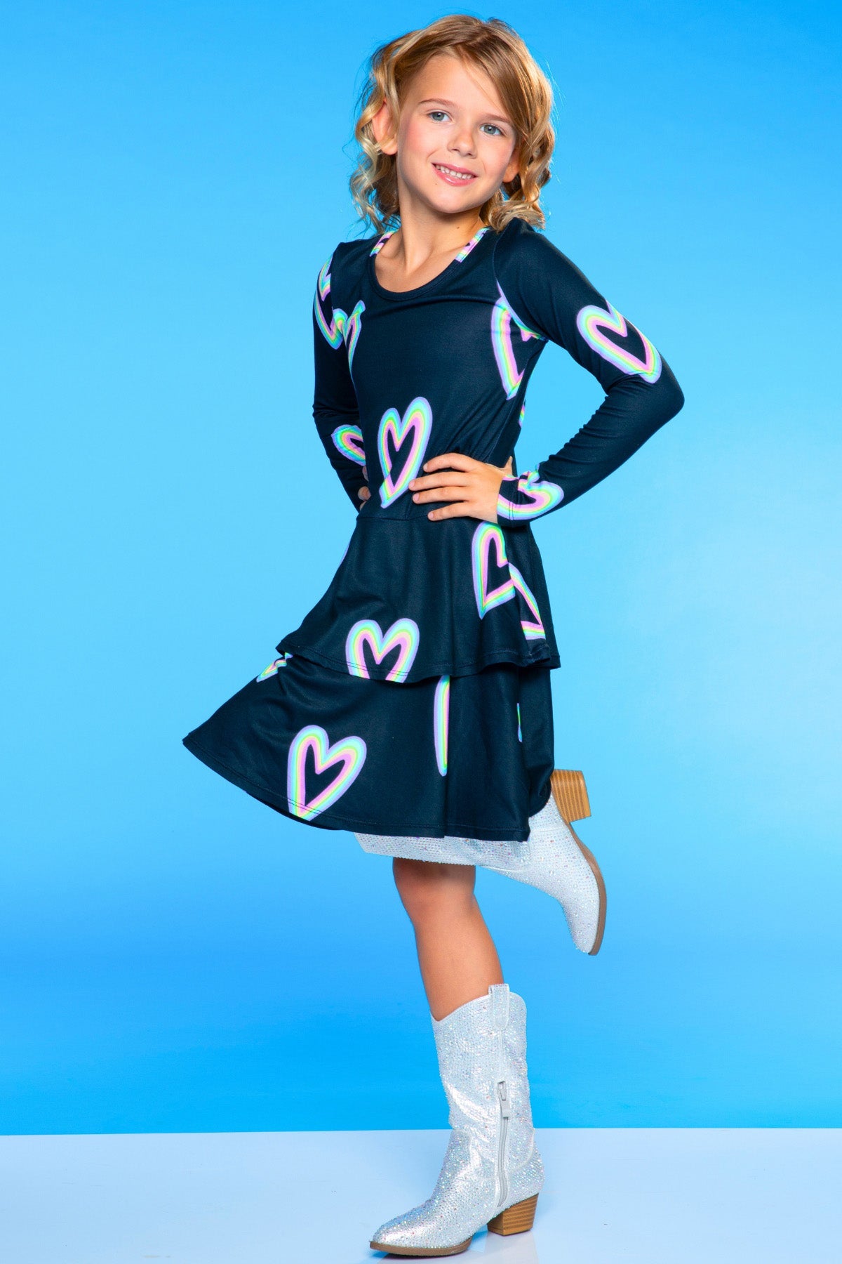 Simply Soft Long Sleeve Ruffle Skirt Dress - Black Rainbow Hearts