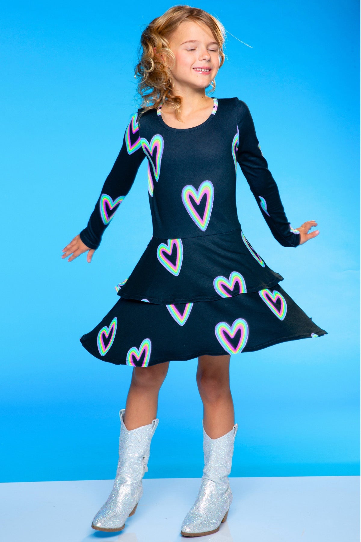 Simply Soft Long Sleeve Ruffle Skirt Dress - Black Rainbow Hearts