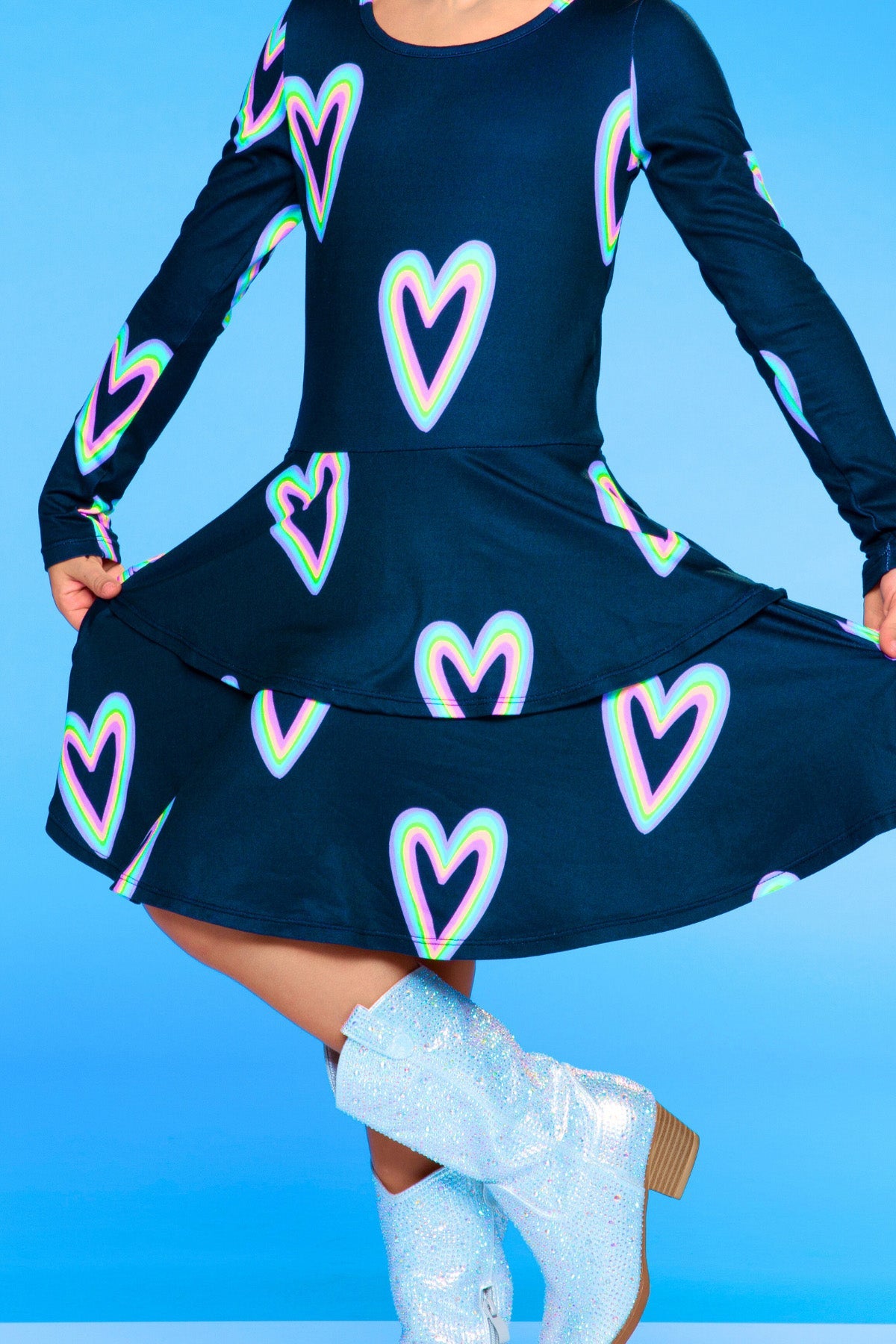 Simply Soft Long Sleeve Ruffle Skirt Dress - Black Rainbow Hearts