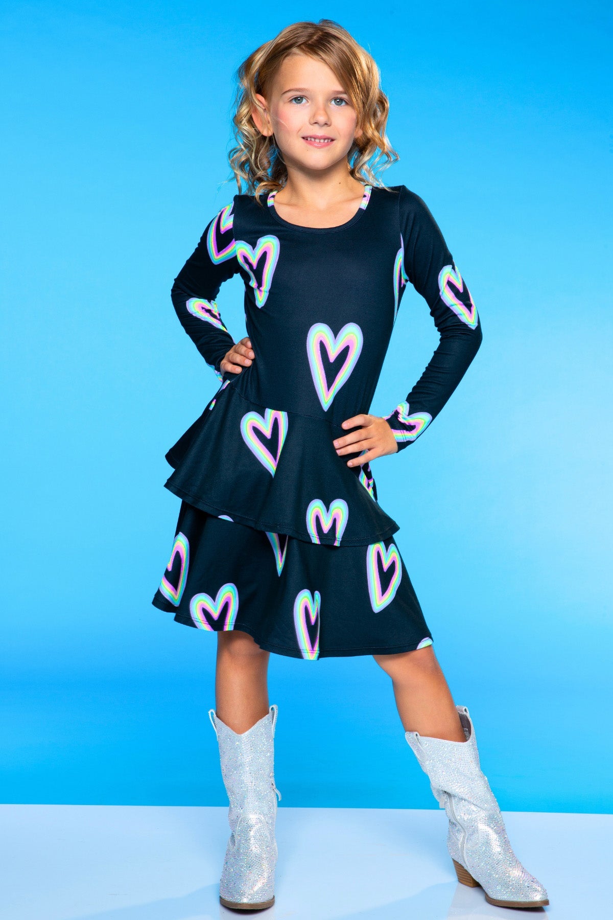 Simply Soft Long Sleeve Ruffle Skirt Dress - Black Rainbow Hearts