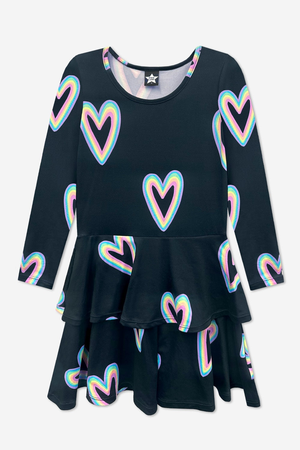 Simply Soft Long Sleeve Ruffle Skirt Dress - Black Rainbow Hearts