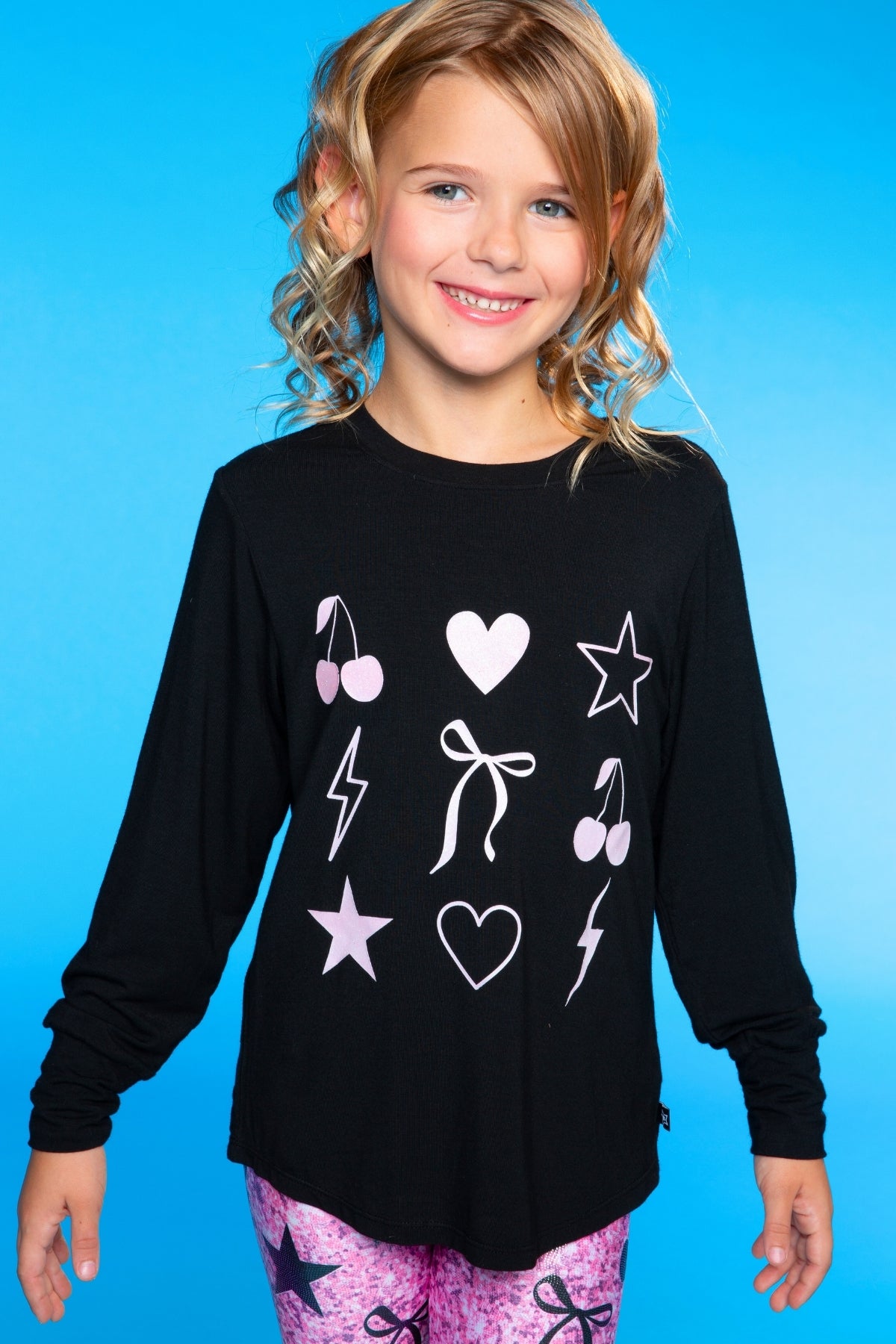 2-Pack Modal Long Sleeve Shirttail Top - Black Rainbow Peace Love | Ice Grey Star Bolt