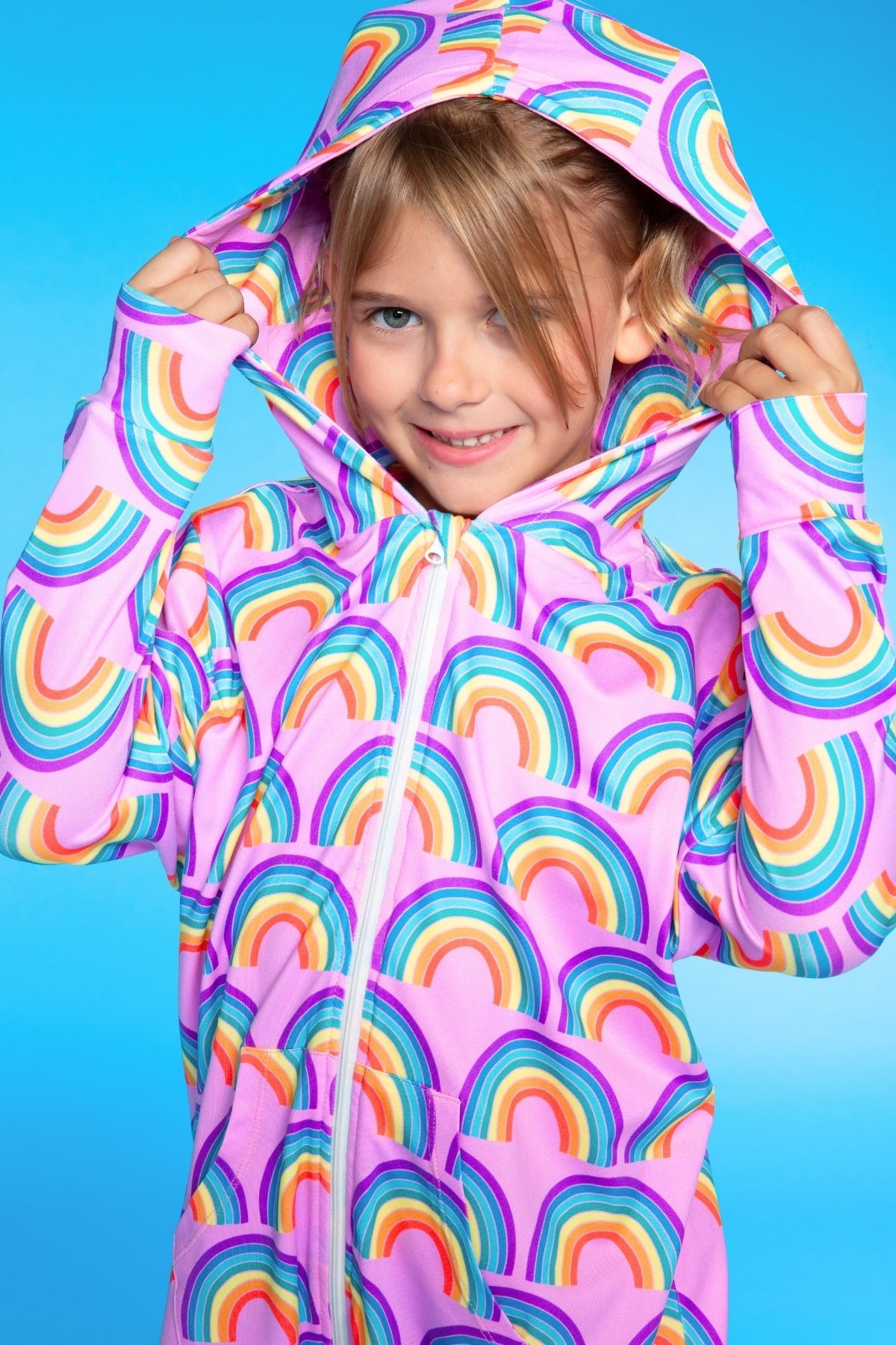 Simply Soft Hooded Zip Onesie - Pink Rainbows