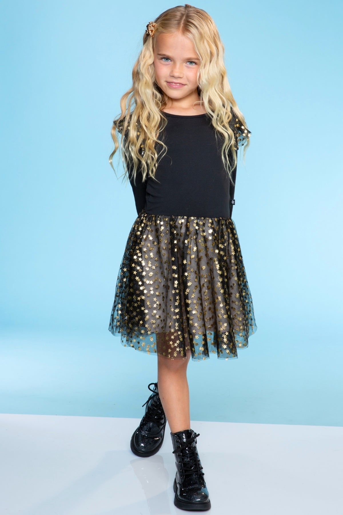 Simply Soft Bow Back Be Happy Tulle Dress - Black Foil Stars