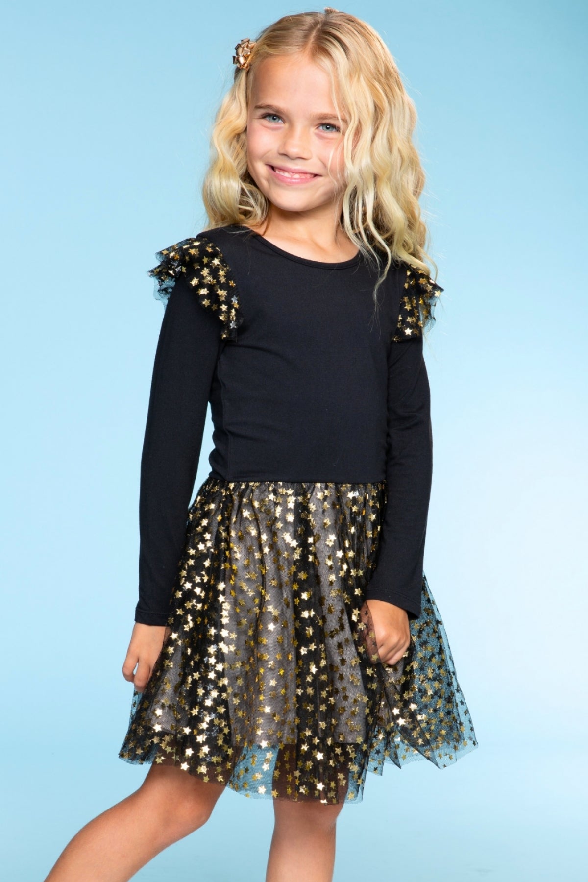 Simply Soft Bow Back Be Happy Tulle Dress - Black Foil Stars