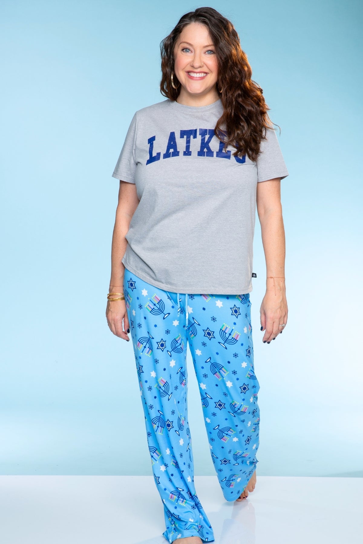 Women's Triblend Tee & Simply Soft Karate Pant - Blue Hanukkah Menorah