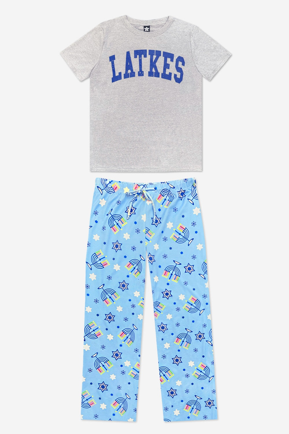 Women's Triblend Tee & Simply Soft Karate Pant - Blue Hanukkah Menorah