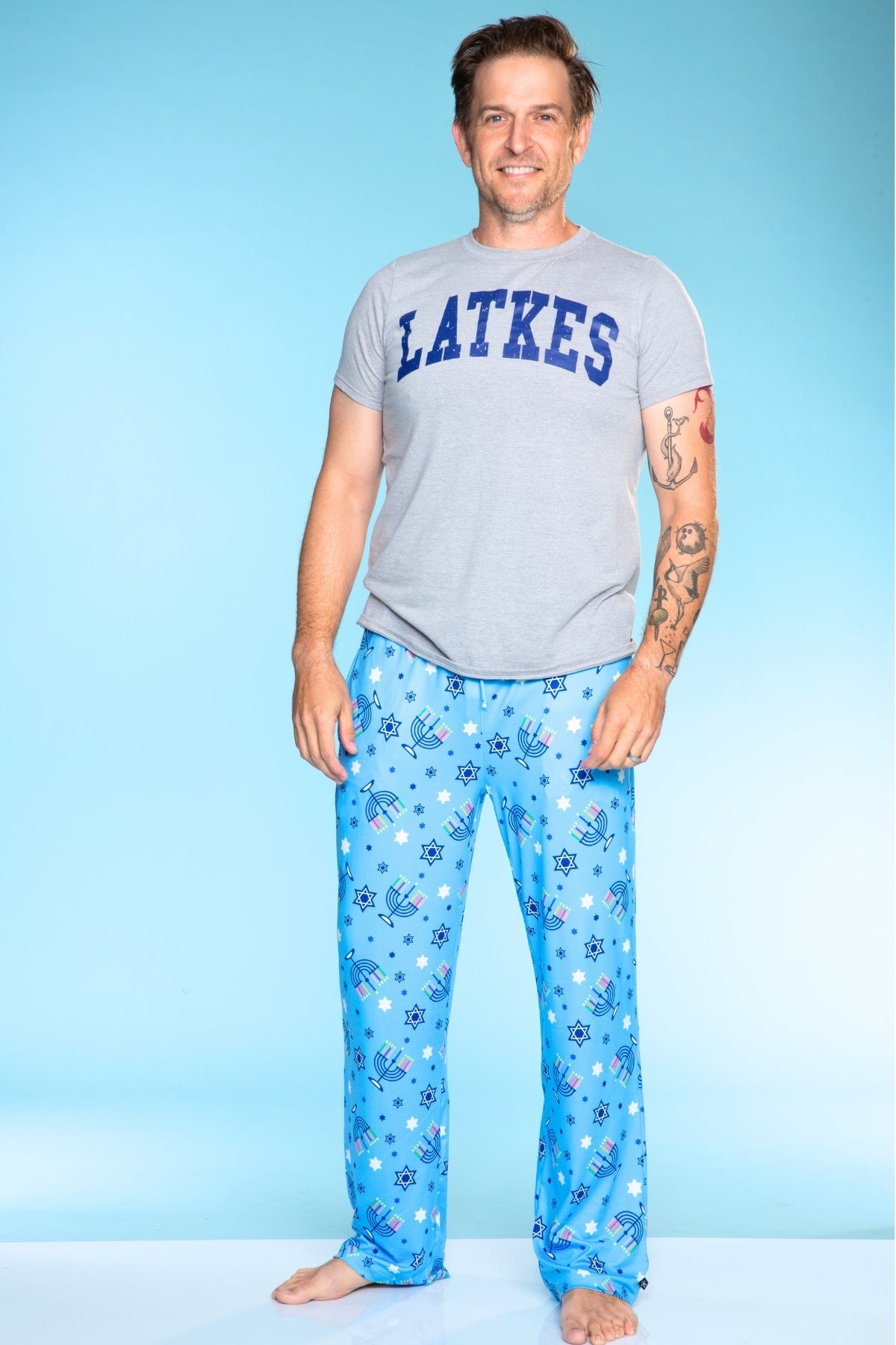 Men's Triblend Tee & Simply Soft Karate Pant - Blue Hanukkah Menorah