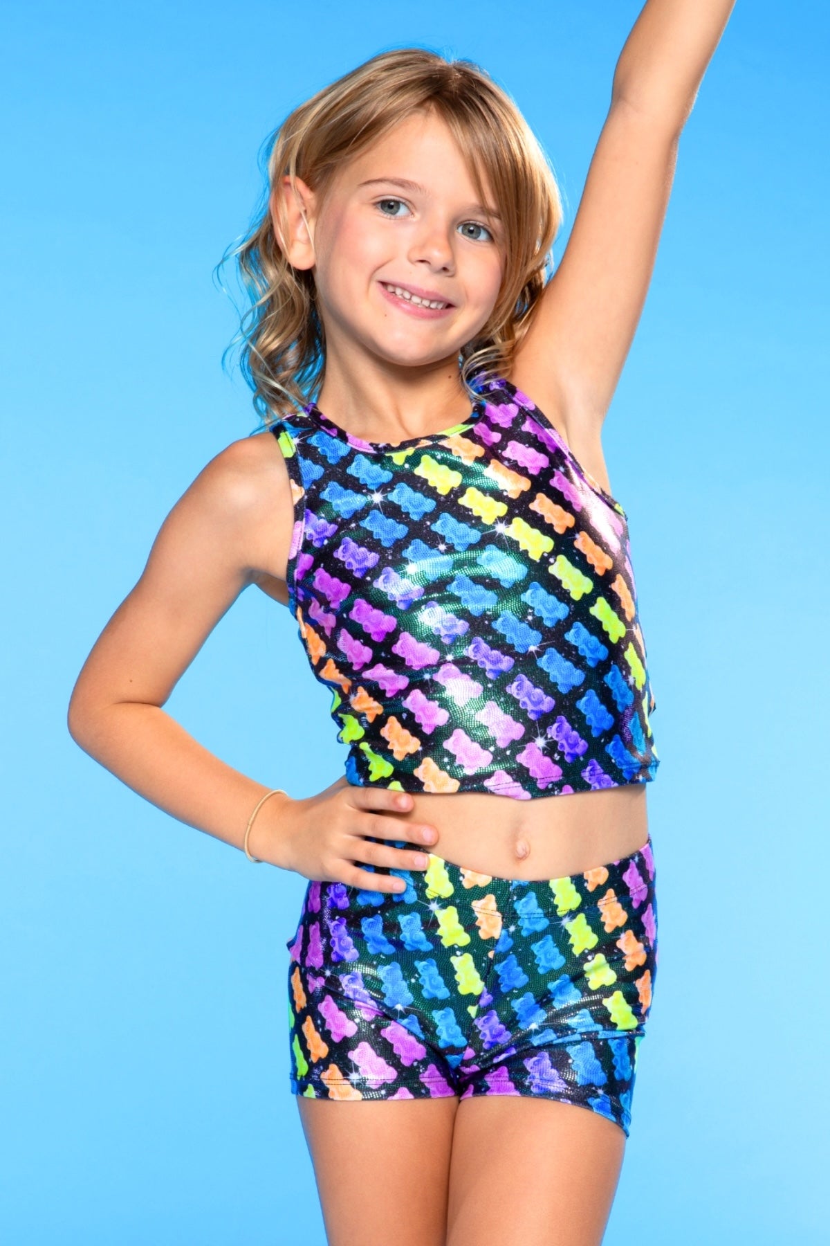 High Shine Cropped Racerback Tank & Tumble Short - Black Sparkle Rainbow Gummy Bear
