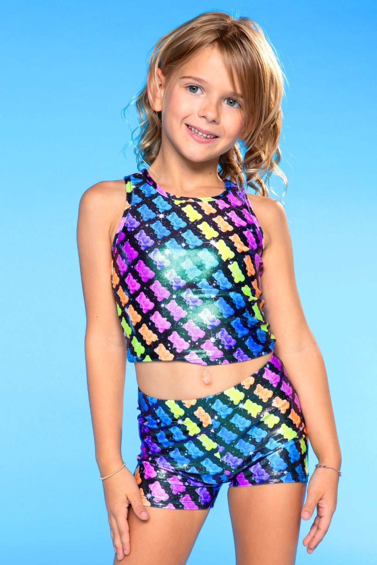 High Shine Cropped Racerback Tank & Tumble Short - Black Sparkle Rainbow Gummy Bear