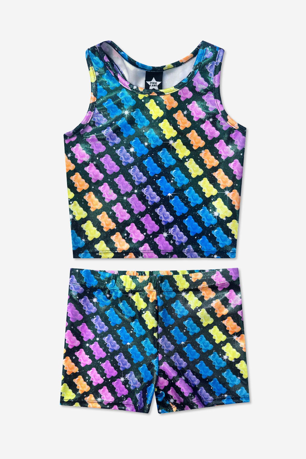 High Shine Cropped Racerback Tank & Tumble Short - Black Sparkle Rainbow Gummy Bear