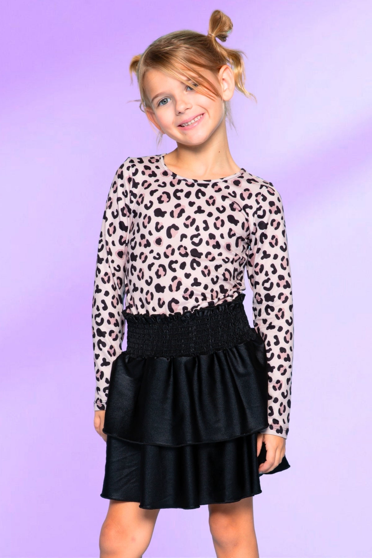 Simply Soft Long Sleeve Smocked Skirt Dress - Black Leopard Liquid