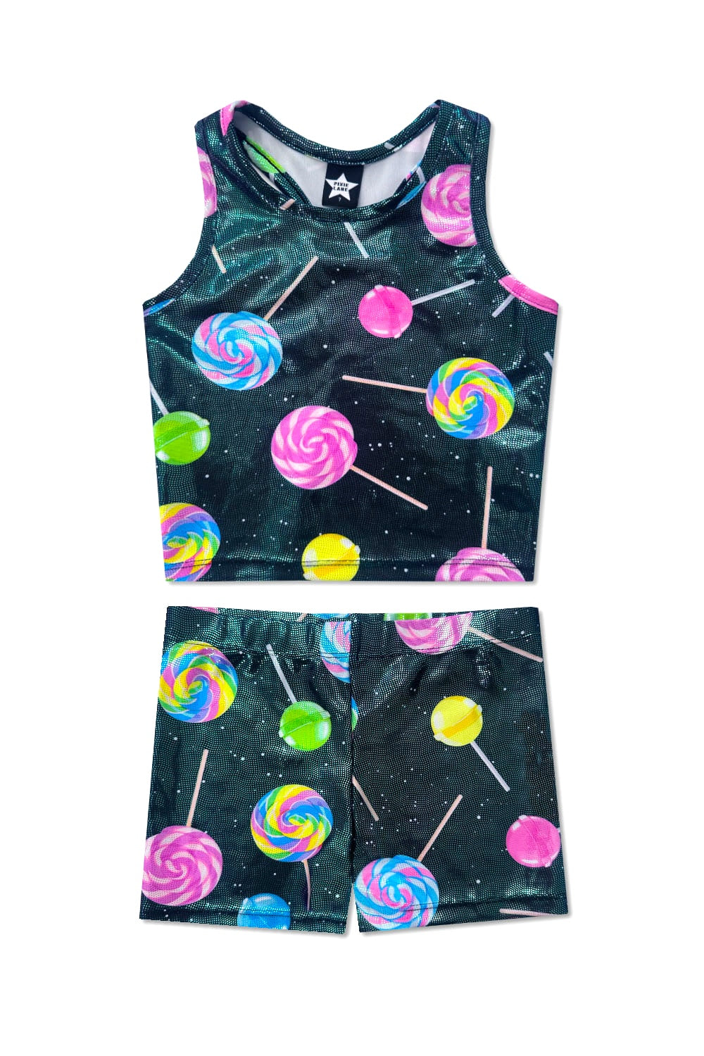 High Shine Cropped Racerback Tank & Tumble Short - Black Sparkle Rainbow Gummy Bear