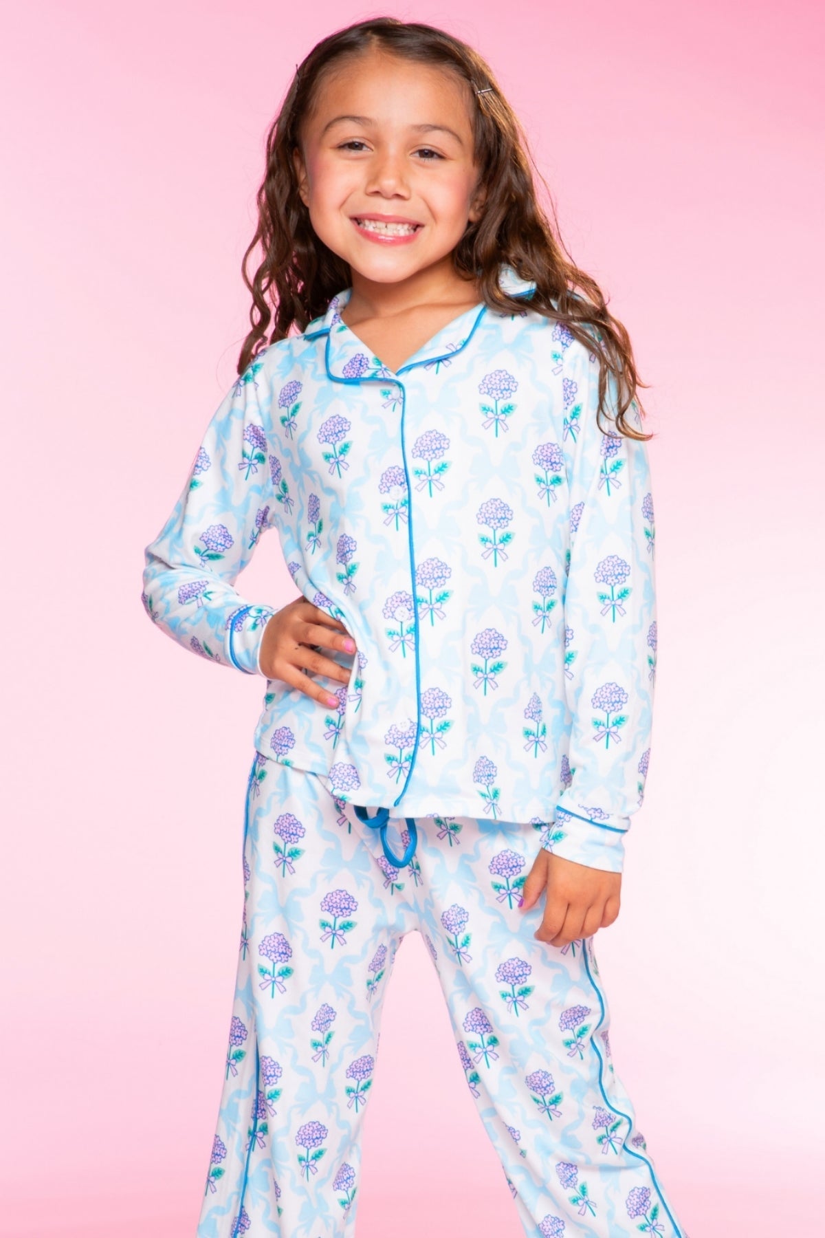 Long Sleeve Simply Soft Button Down Top & Karate Pant - Ivory Blue Floral