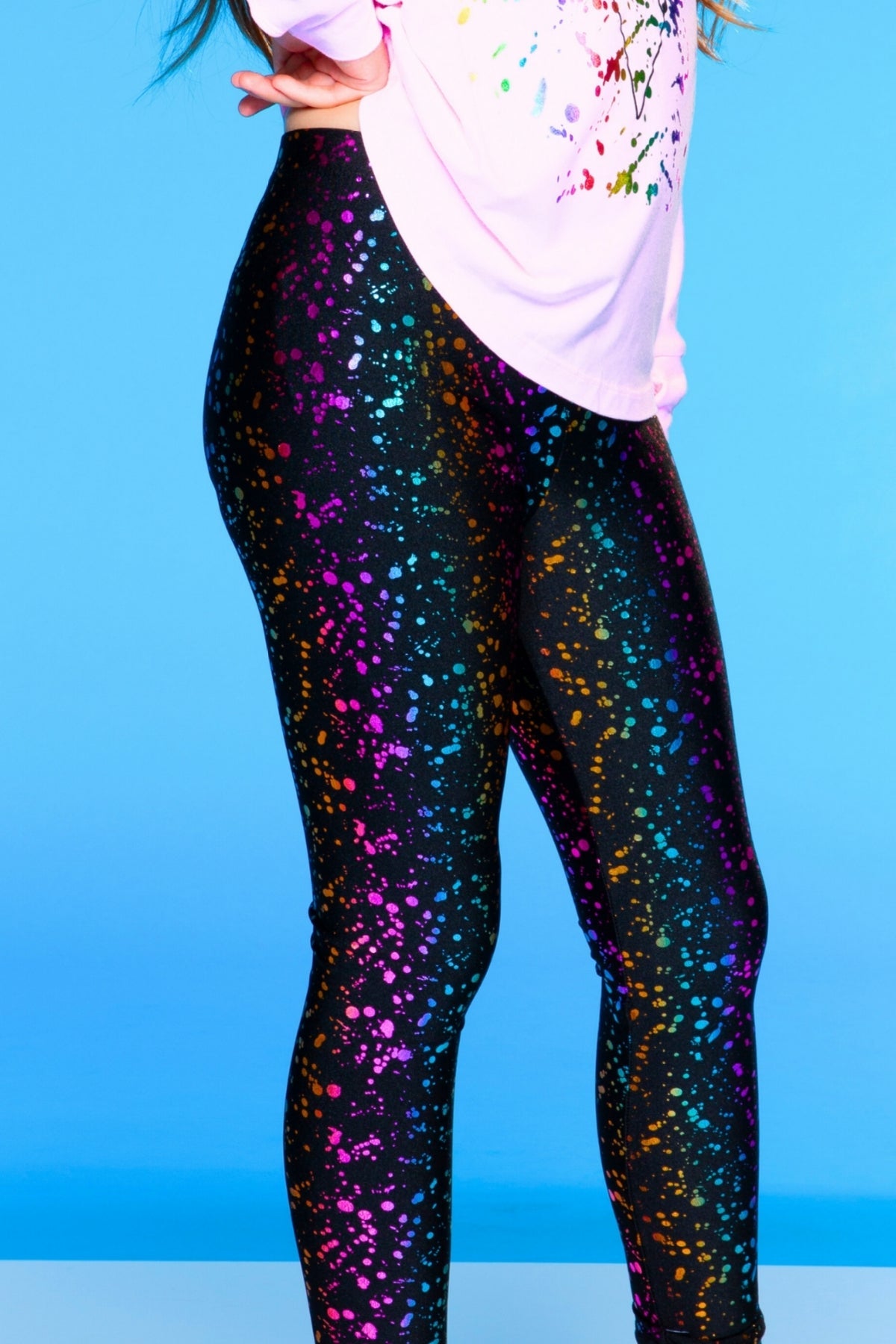 Glitter Foil High Shine Long Legging. - Black Rainbow Foil Splatter