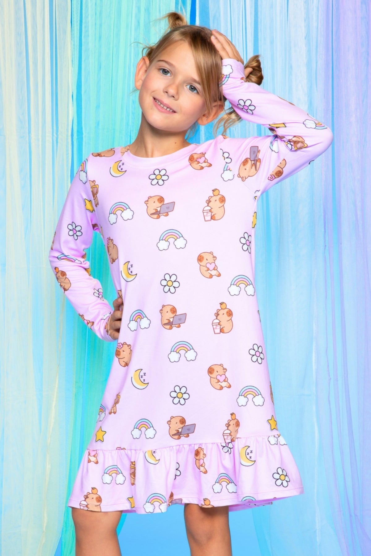 Simply Soft Long Sleeve Ruffle Lounge Dress - Lilac Rainbow Gummy Bear - NEW!