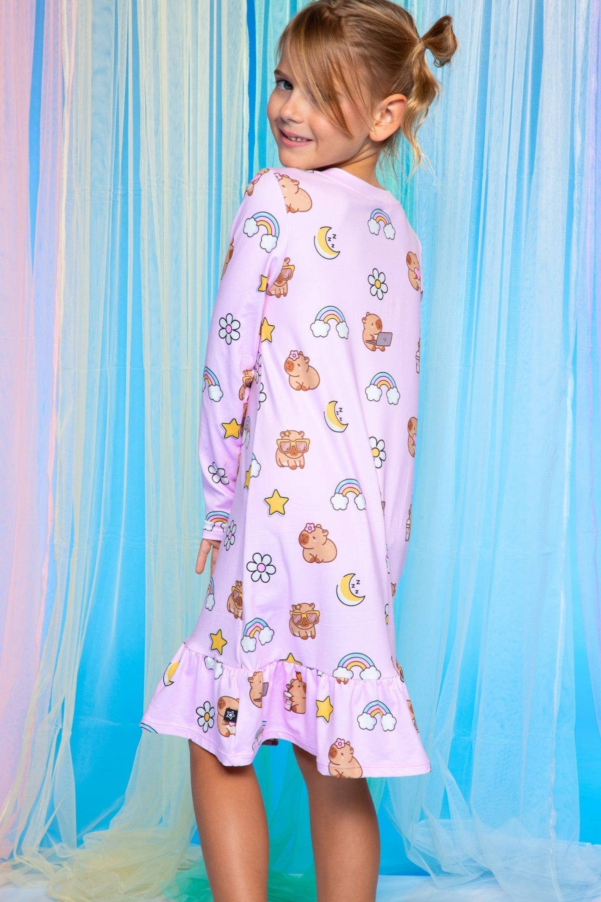 Simply Soft Long Sleeve Ruffle Lounge Dress - Lilac Rainbow Gummy Bear - NEW!