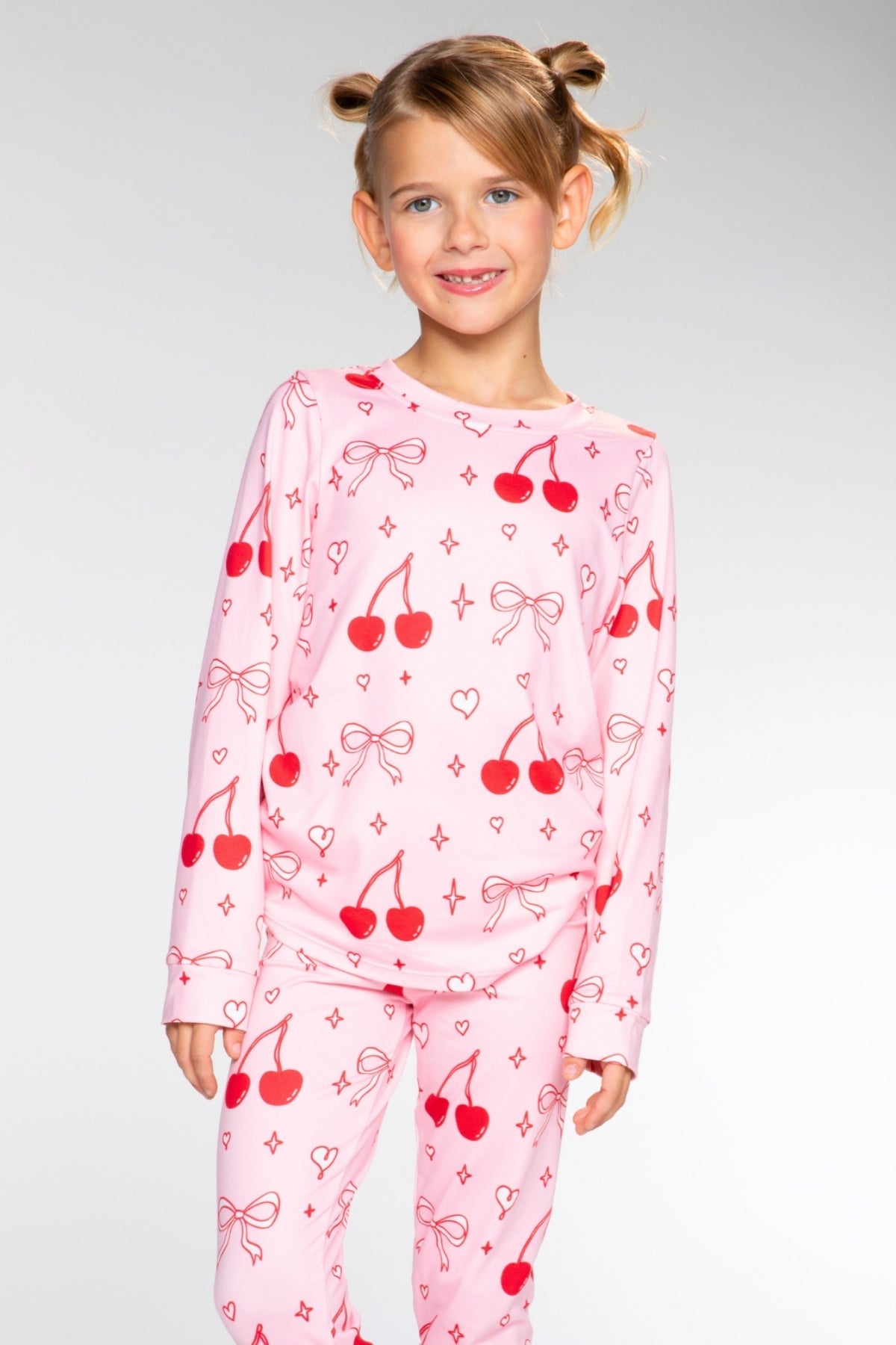 Simply Soft Long Sleeve Crew & Slim Lounge Bottom - Pink Red Cherries
