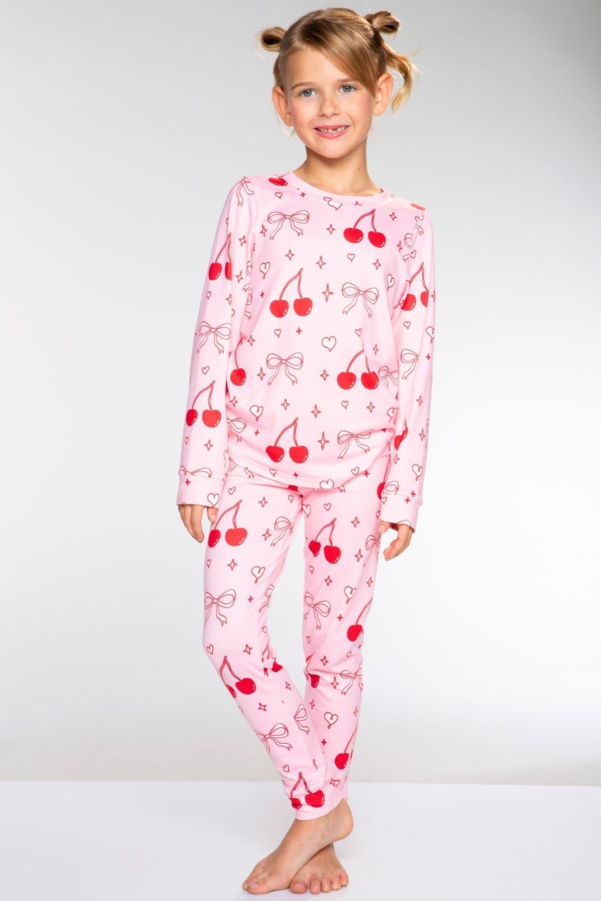Simply Soft Long Sleeve Crew & Slim Lounge Bottom - Pink Red Cherries