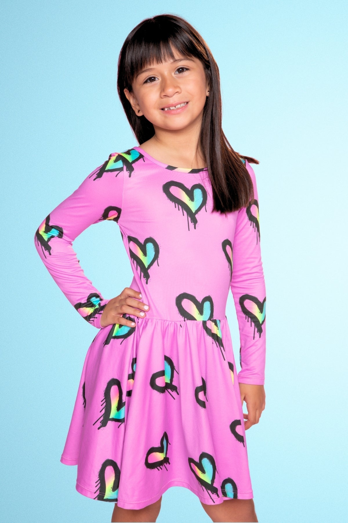 Simply Soft Long Sleeve Be Happy Dress - Pink Rainbow Heart
