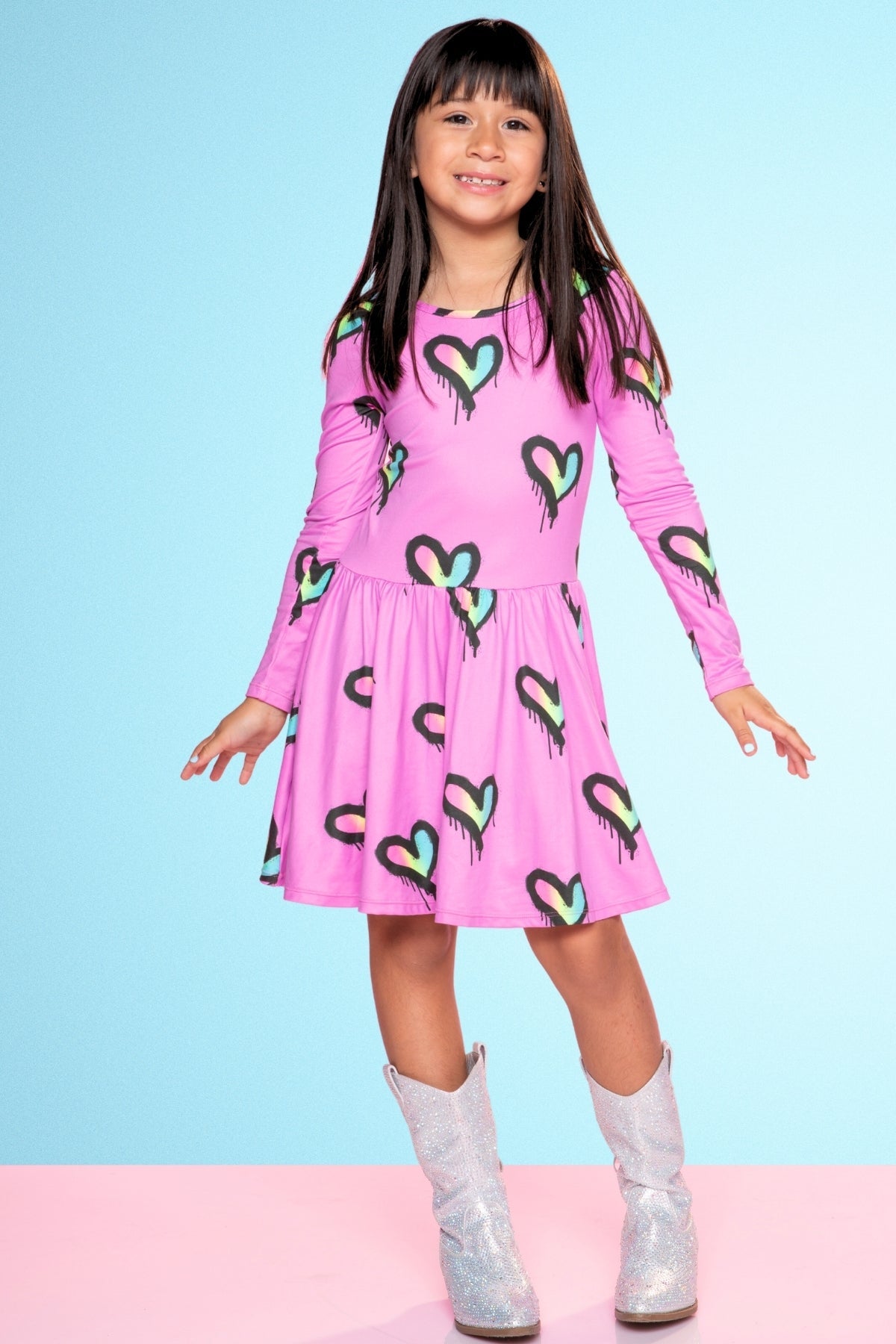 Simply Soft Long Sleeve Be Happy Dress - Pink Rainbow Heart