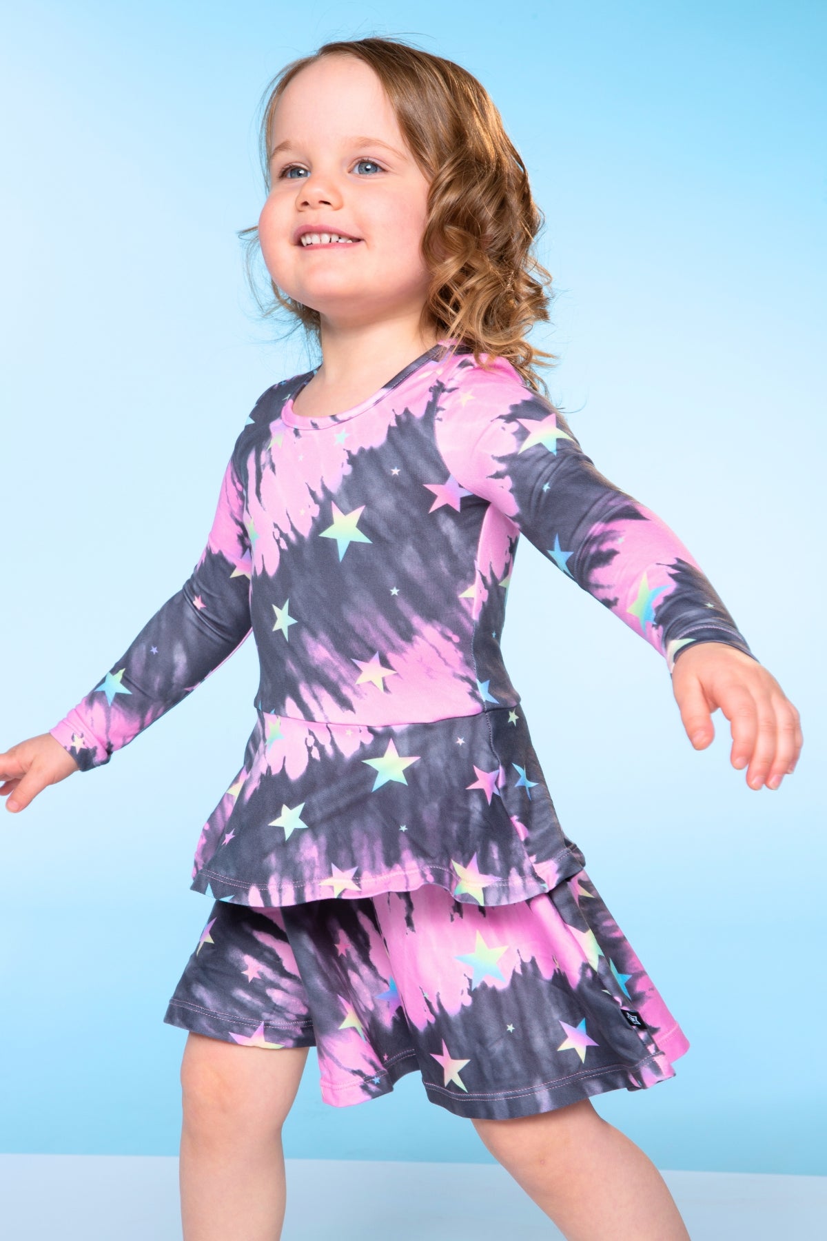 Simply Soft Long Sleeve Ruffle Skirt Dress - Black Rainbow Hearts