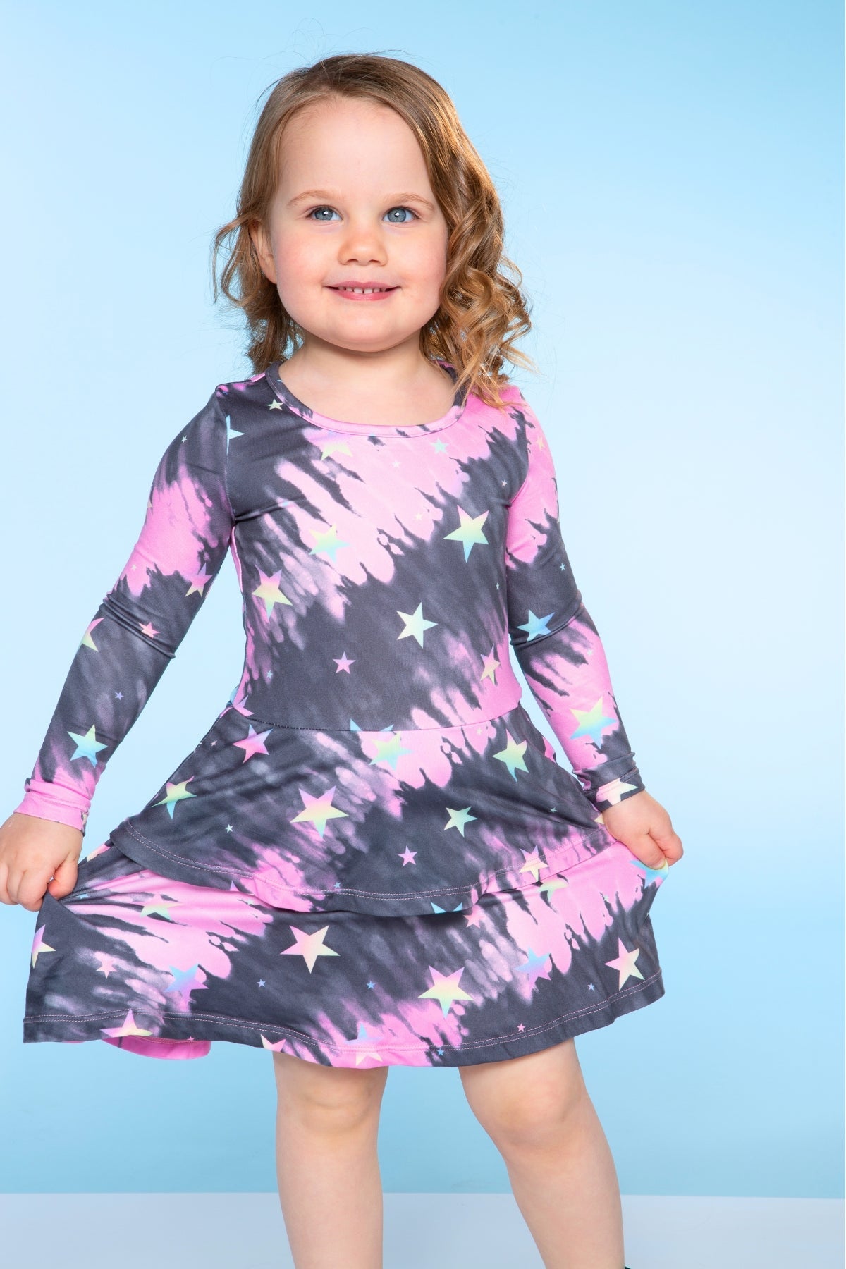 Simply Soft Long Sleeve Ruffle Skirt Dress - Black Rainbow Hearts