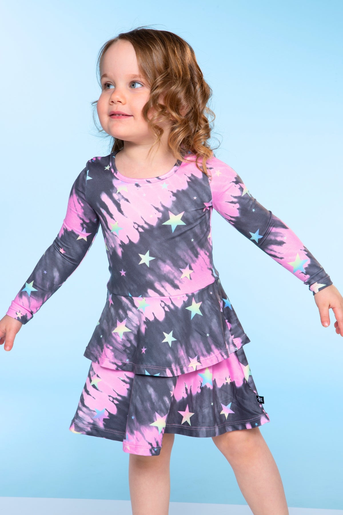 Simply Soft Long Sleeve Ruffle Skirt Dress - Black Rainbow Hearts