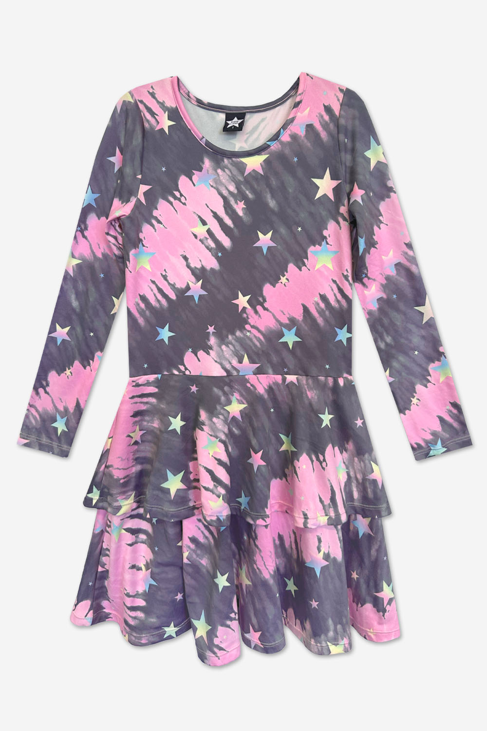 Simply Soft Long Sleeve Ruffle Skirt Dress - Black Rainbow Hearts