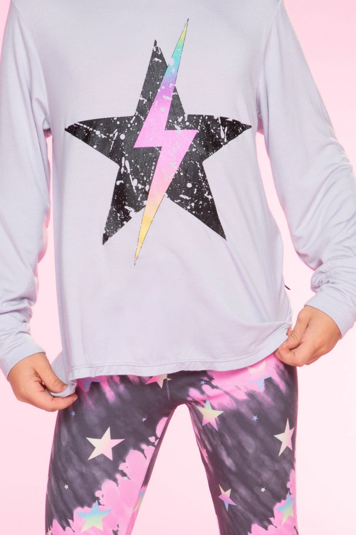 2-Pack Modal Long Sleeve Shirttail Top - Black Rainbow Peace Love | Ice Grey Star Bolt