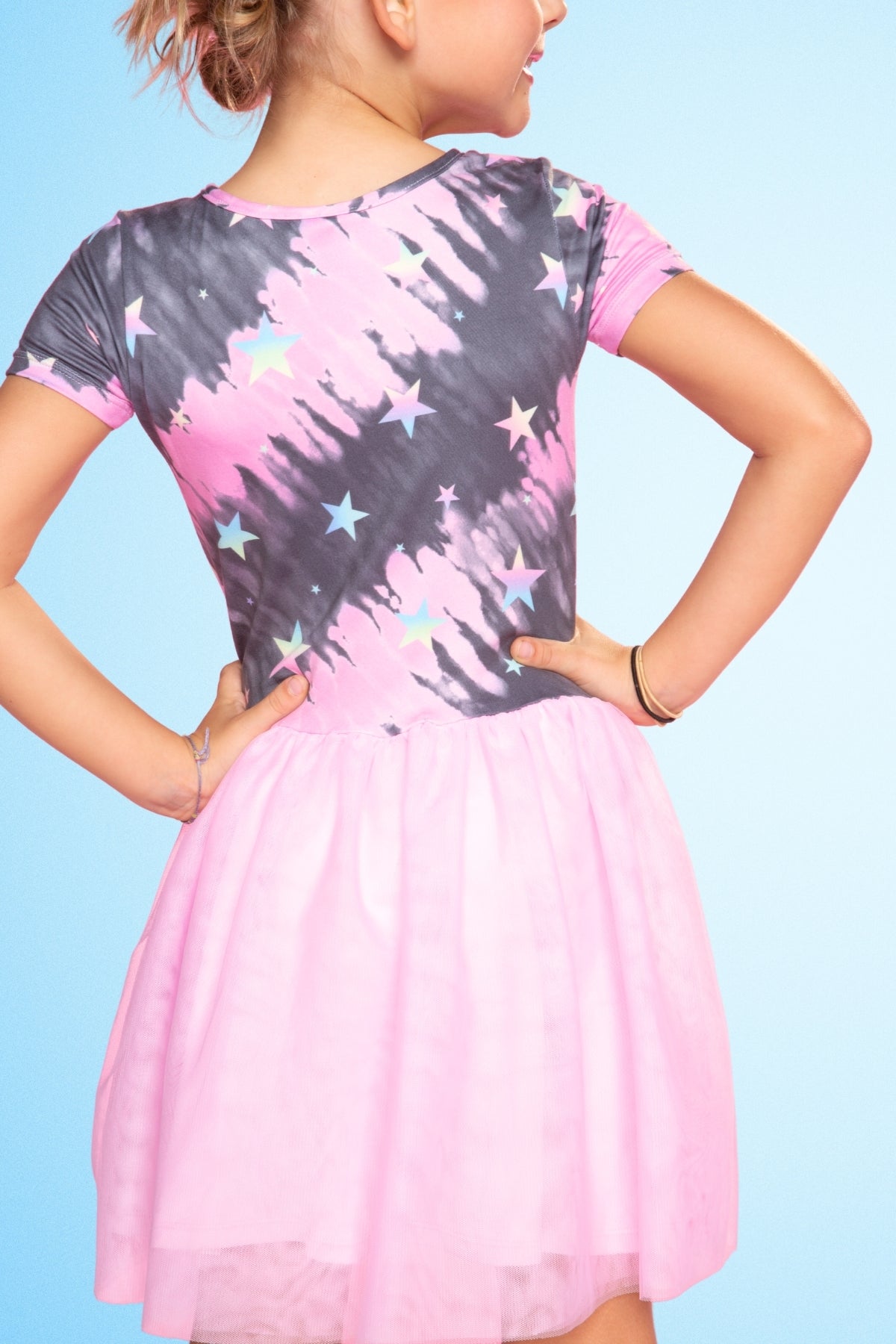 Simply Soft Short Sleeve Be Happy Tulle Dress - Pink Grey Tie Dye Stars