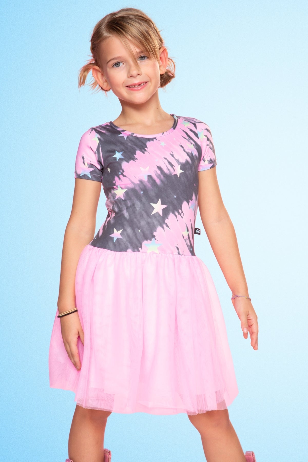 Simply Soft Short Sleeve Be Happy Tulle Dress - Pink Grey Tie Dye Stars