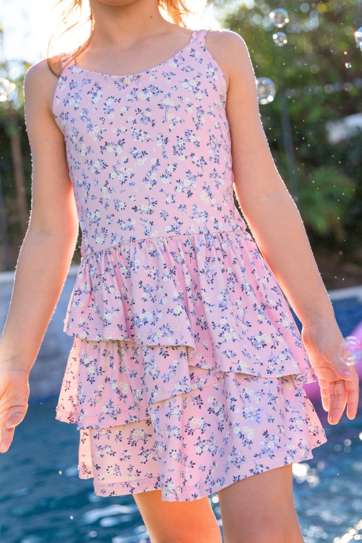 Air Swift Asymmetrical Tank Dress - Ivory Blue Floral