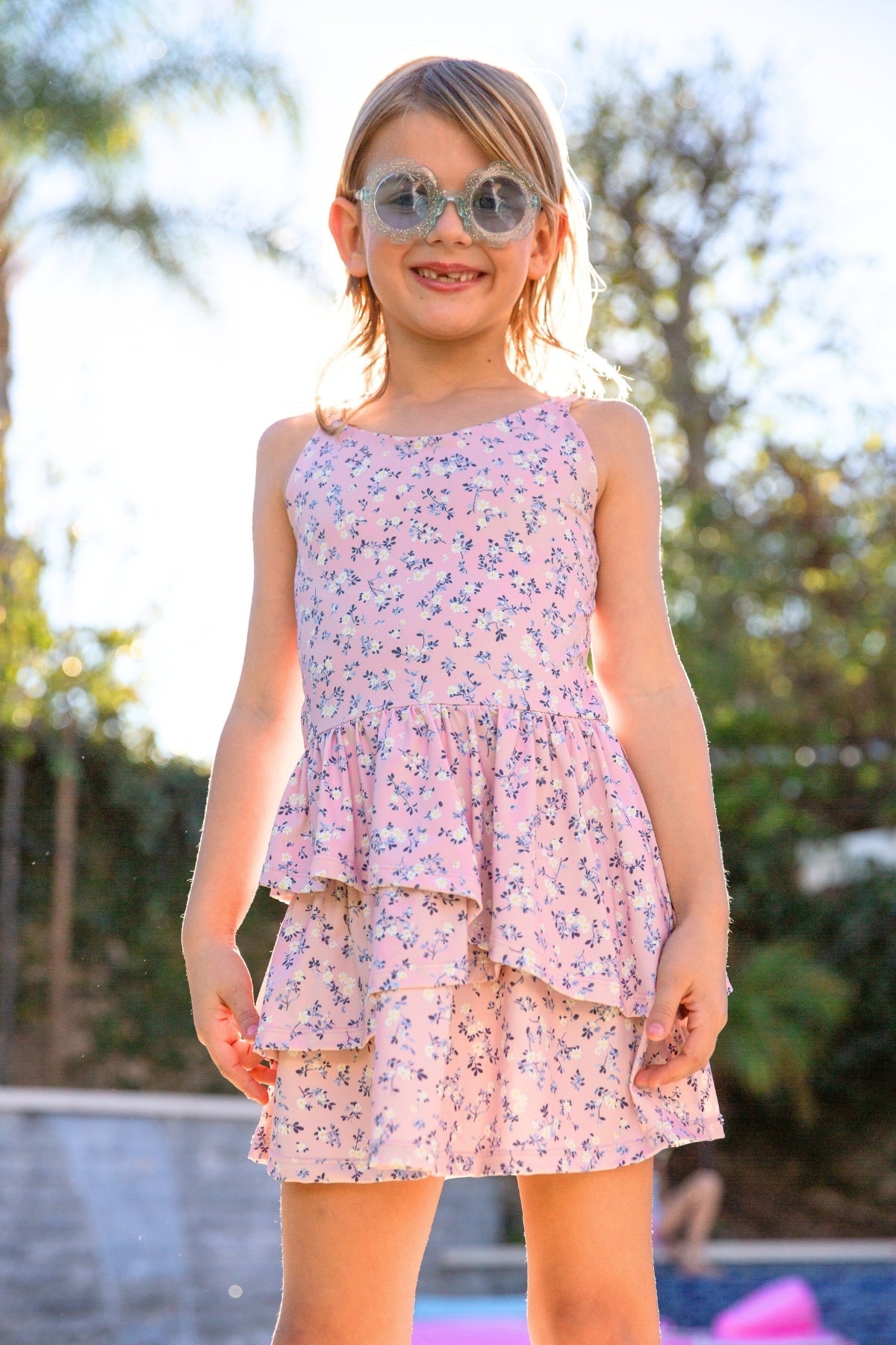 Air Swift Asymmetrical Tank Dress - Ivory Blue Floral