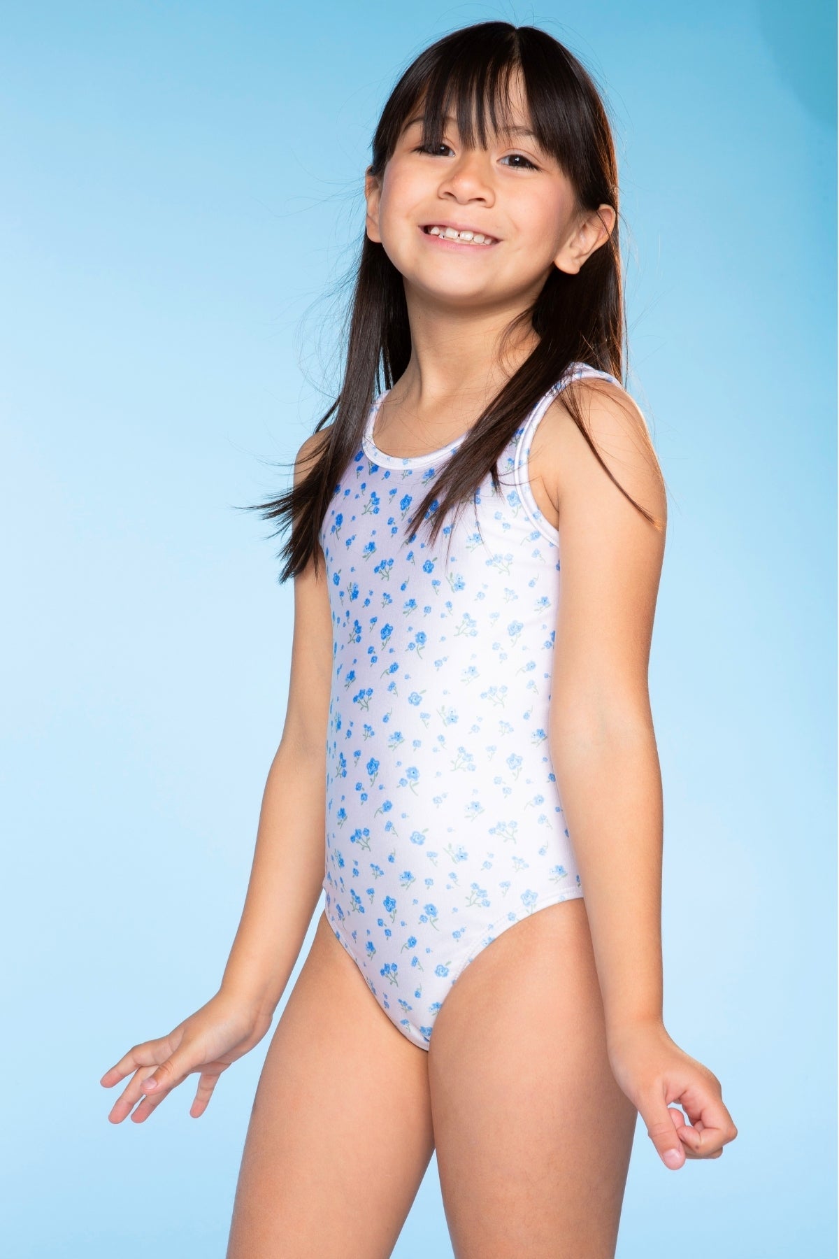 One Piece Cross Back Swimsuit - Ivory Blue Ditsy Floral