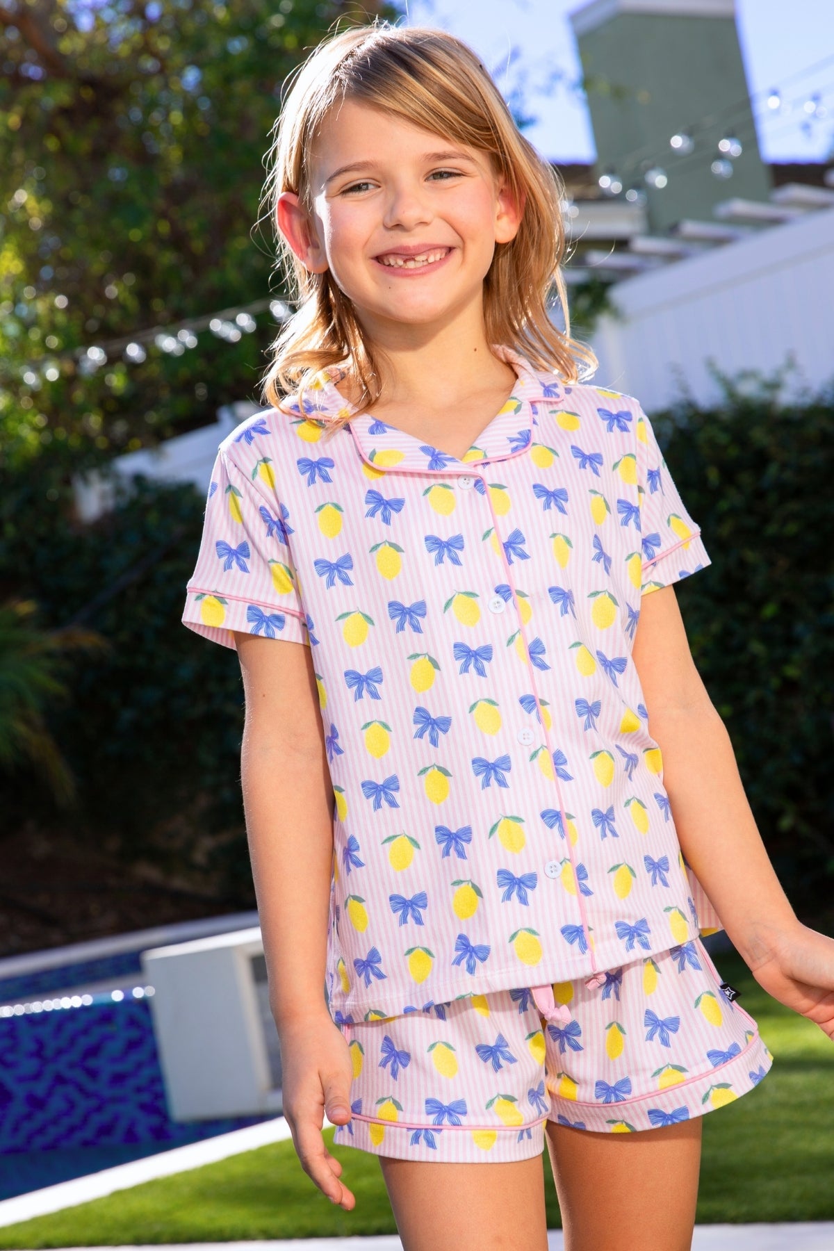 2 Pack - Short Sleeve Simply Soft Button Down Top & Short - Pink Ivory Striped Strawberry | Ivory Pink Stripe Bear Bow