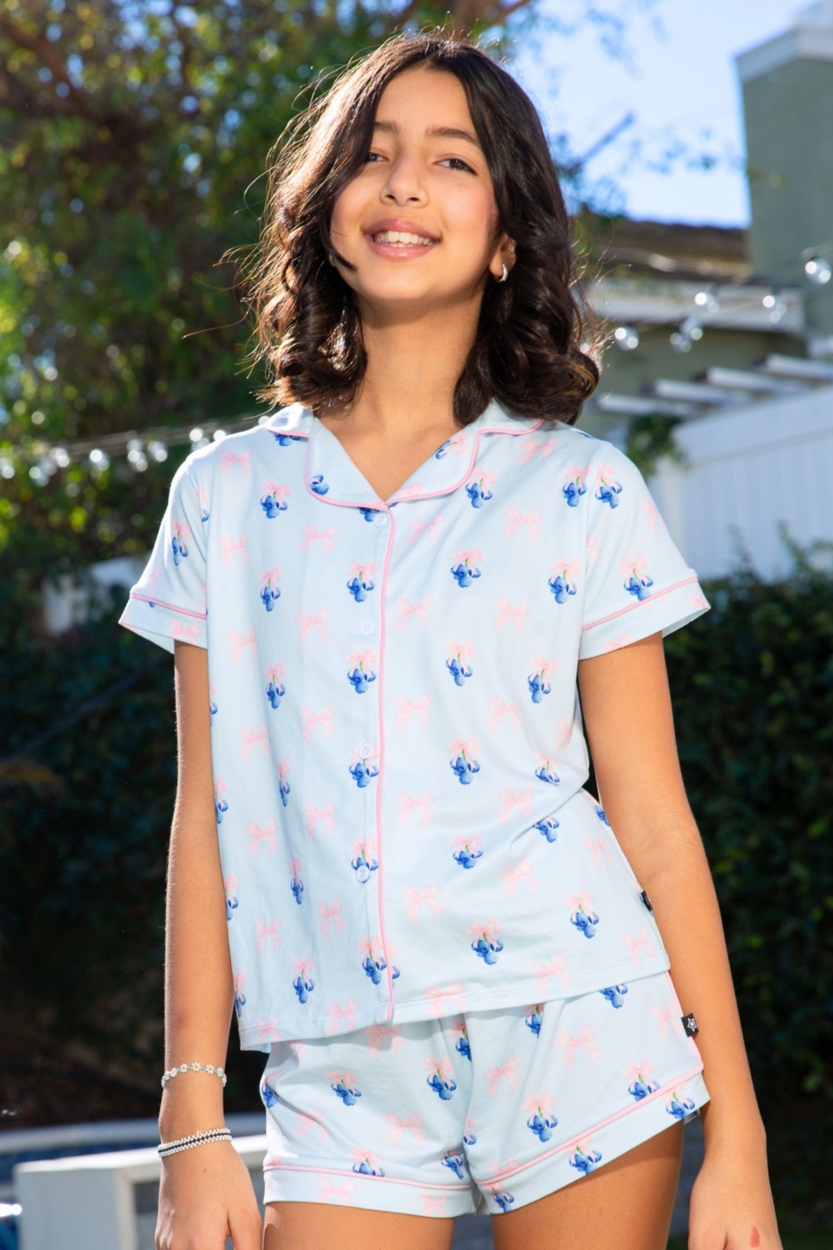 2 Pack - Short Sleeve Simply Soft Button Down Top & Short - Pink Ivory Striped Strawberry | Ivory Pink Stripe Bear Bow