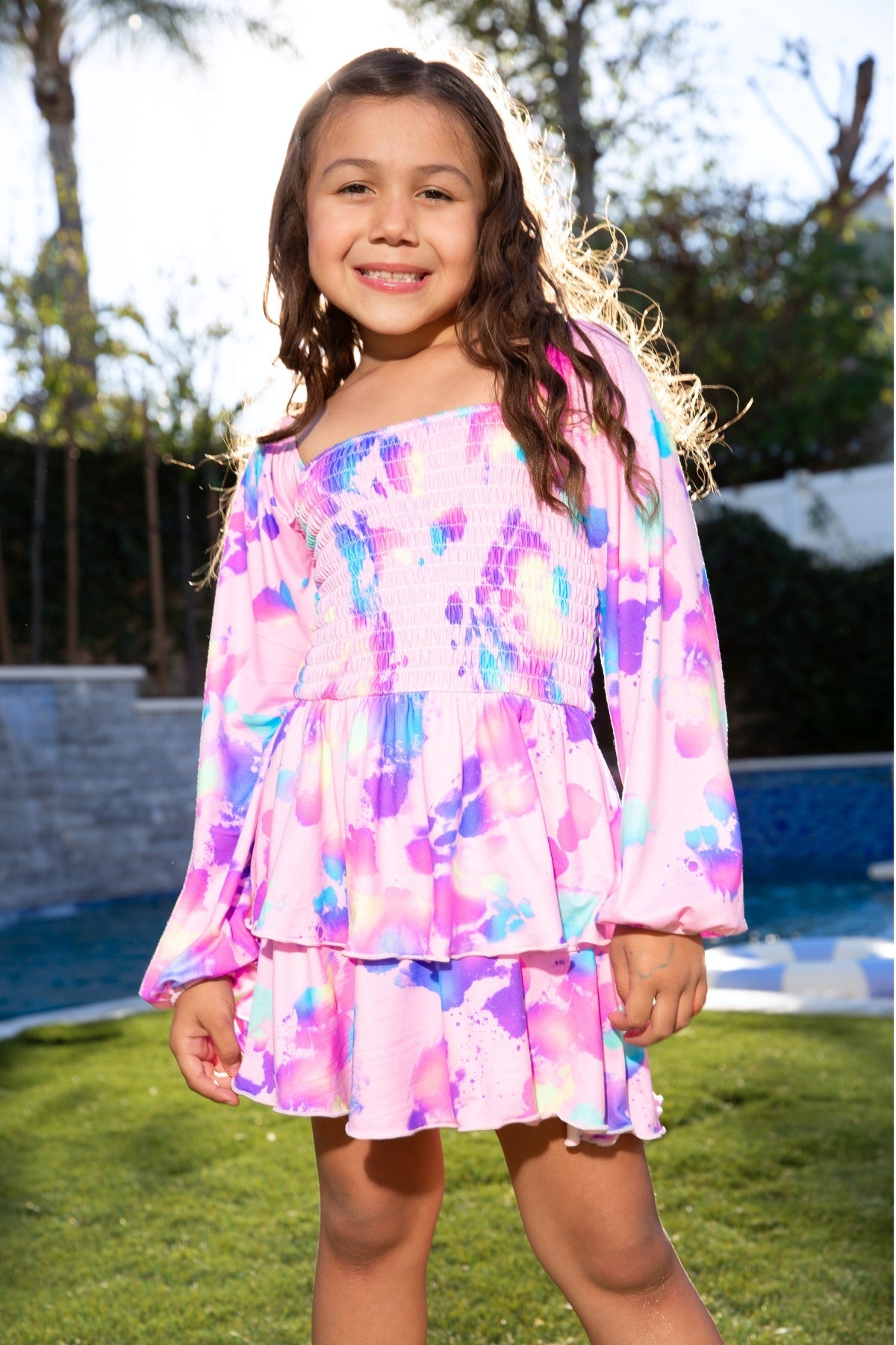Simply Soft Long Sleeve Smocked Ruffle Skirt Dress - Pink Bleach Tie Dye