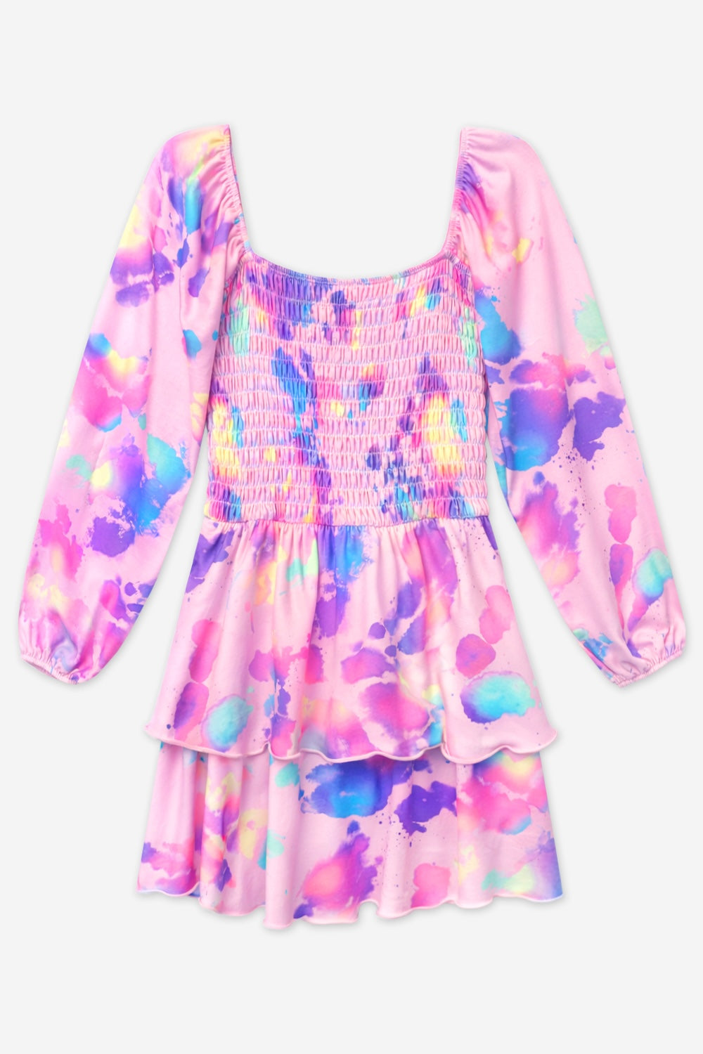 Simply Soft Long Sleeve Smocked Ruffle Skirt Dress - Pink Bleach Tie Dye