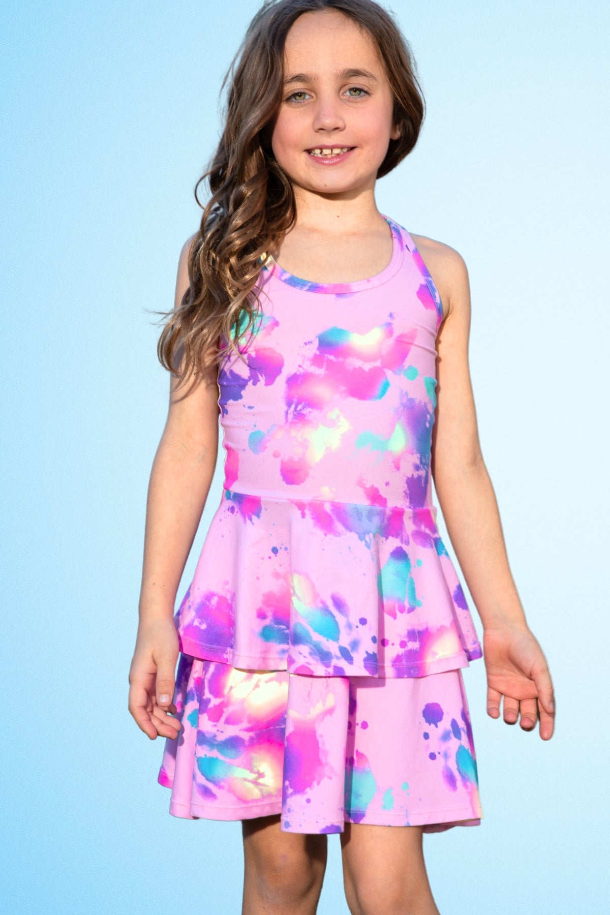Simply Soft Racerback Ruffle Skirt Dress - Blue White Emojis Stickers